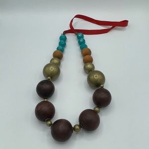 NWOT Statement Beaded Necklace with Red Ribbon Detail